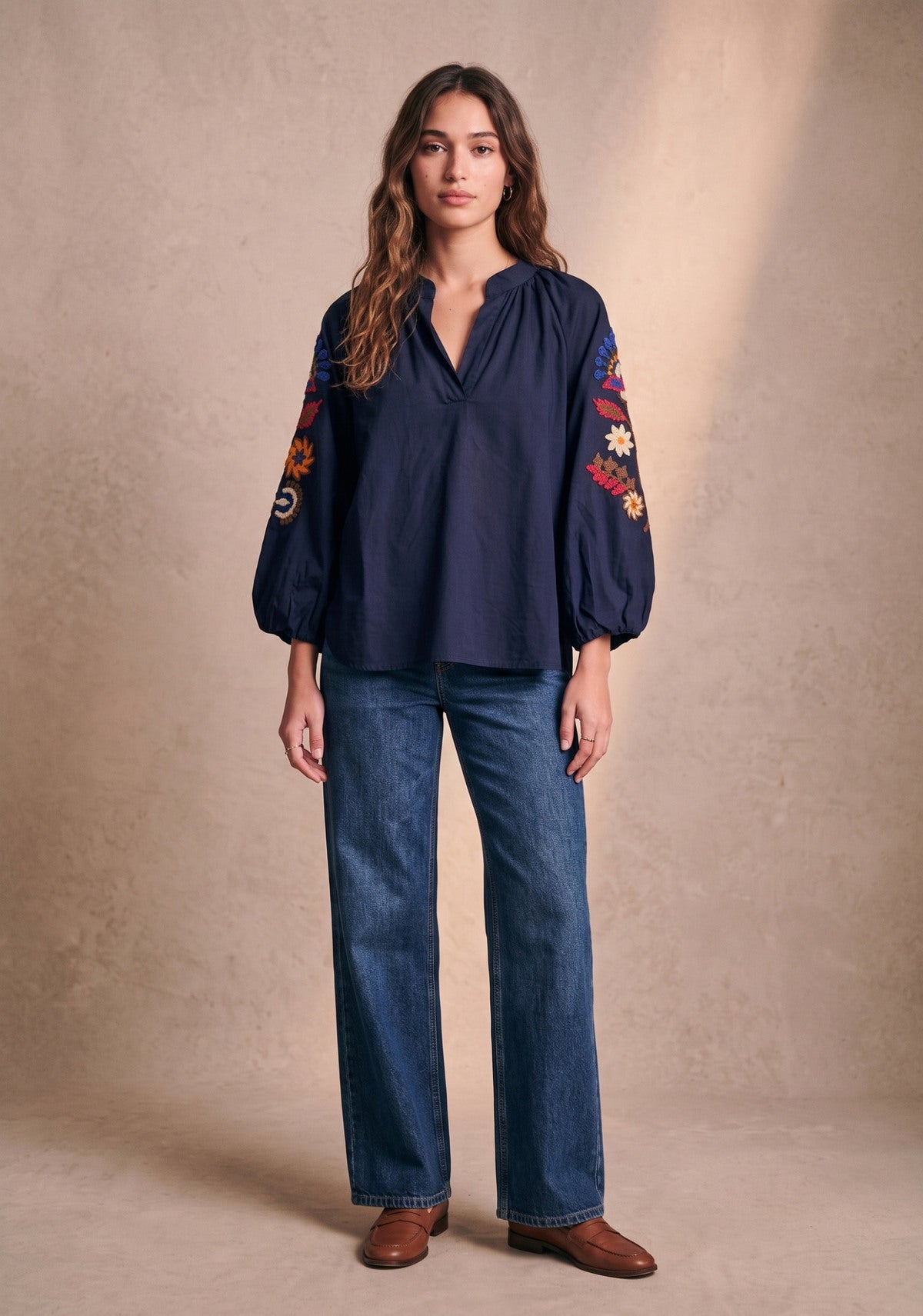 Geborduurde blouse | Navy