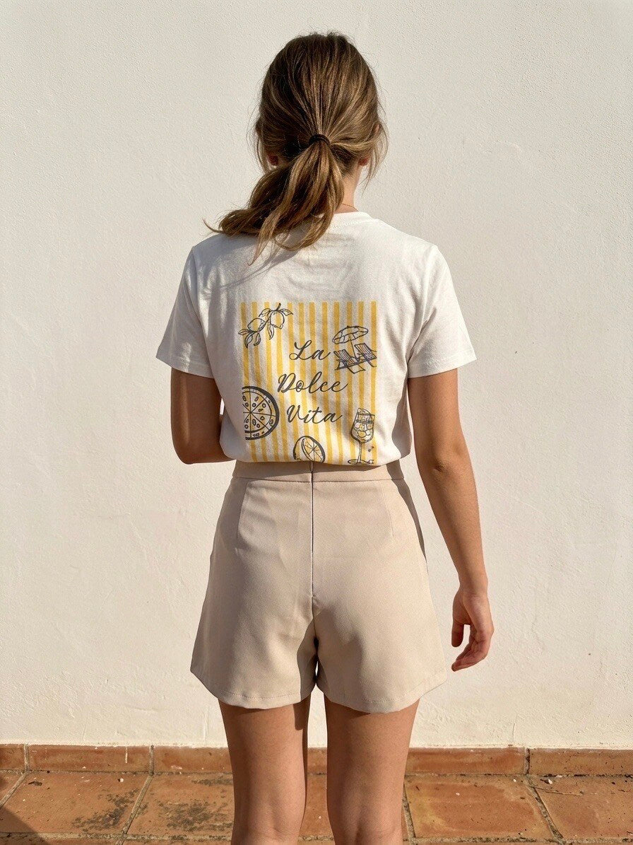 T-shirt la dolca vita citroen | Wit & Geel