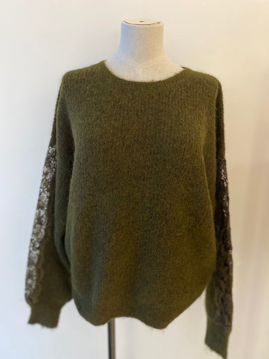 Trui met kanten details | Khaki