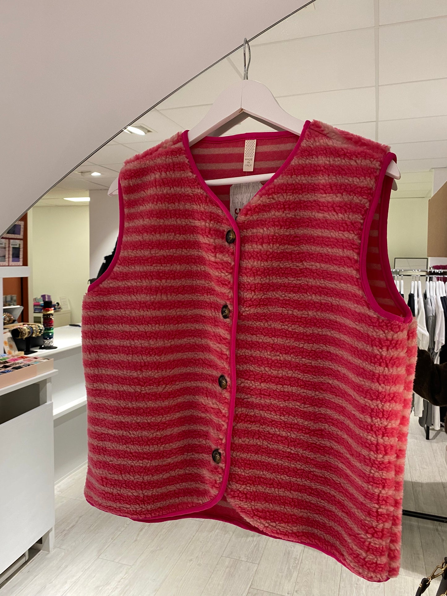 Teddy vest strepen | Framboos