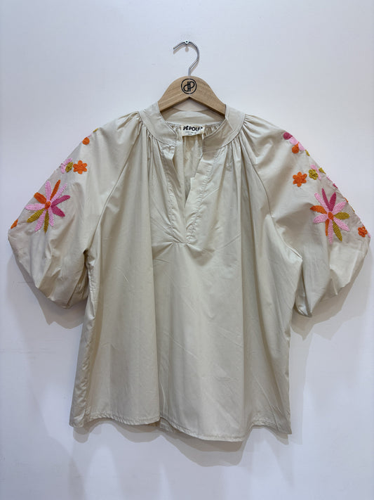 Geborduurd blouse met korte pofmouwen | Beige