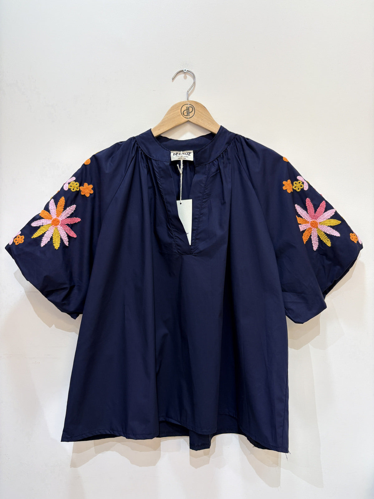 Geborduurd blouse met korte pofmouwen | Marine
