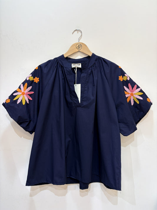 Geborduurd blouse met korte pofmouwen | Marine
