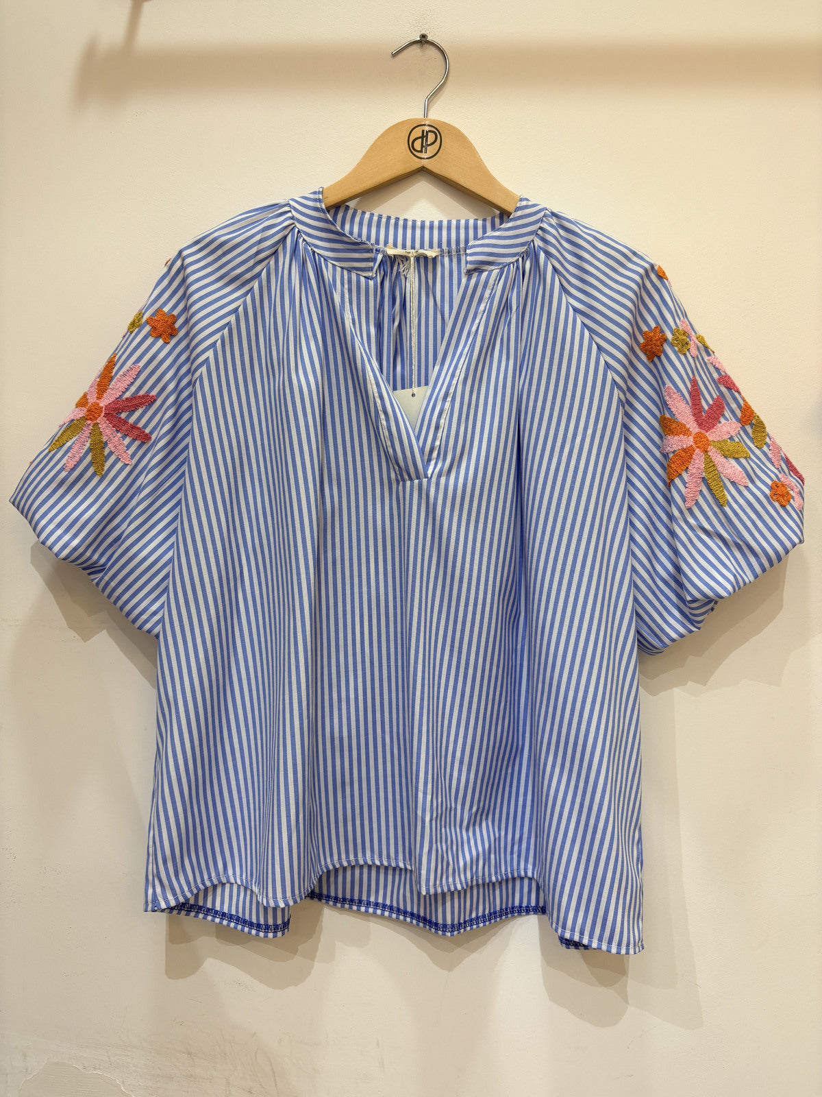 Geborduurd blouse met korte pofmouwen strepen | Blauw