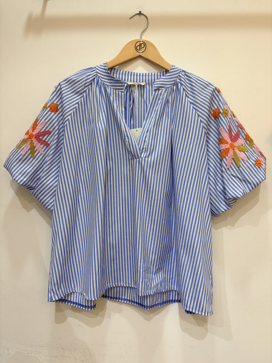 Geborduurd blouse met korte pofmouwen strepen | Blauw