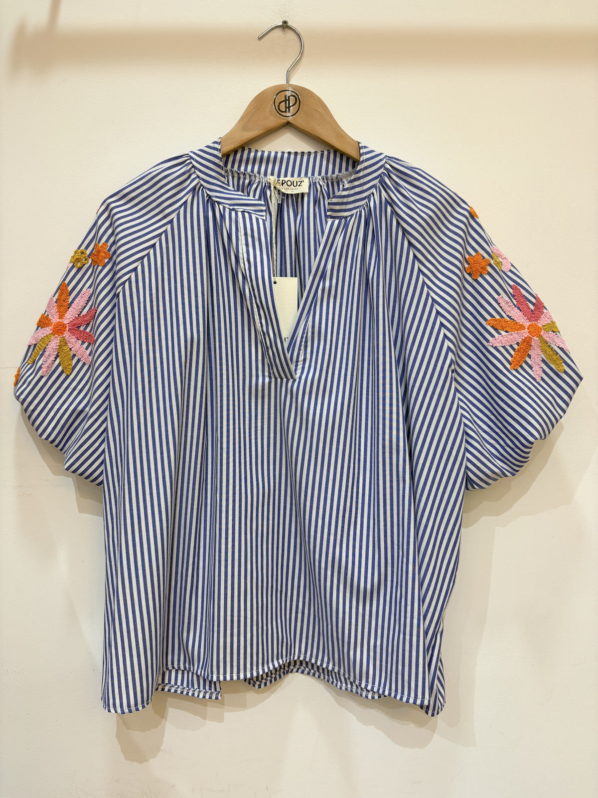 Geborduurd blouse met korte pofmouwen strepen | Marine