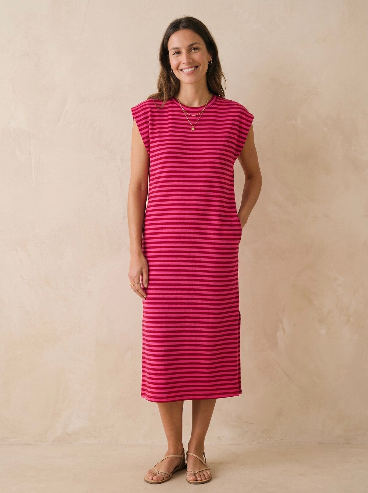 Mouwloze gestreepte kleedje | Fuchsia